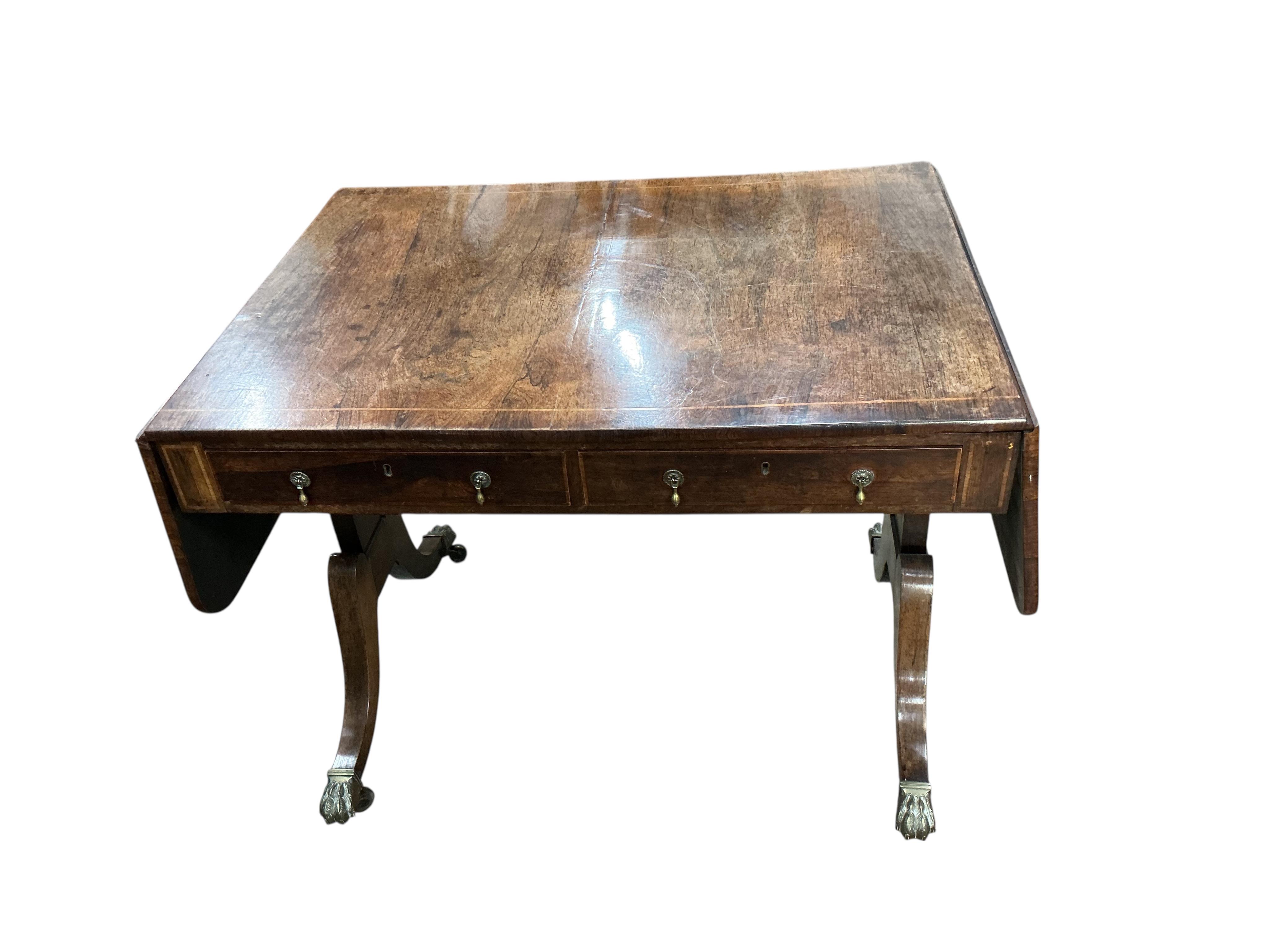 A Regency banded rosewood sofa table, width 92cm, depth 68cm, height 73cm